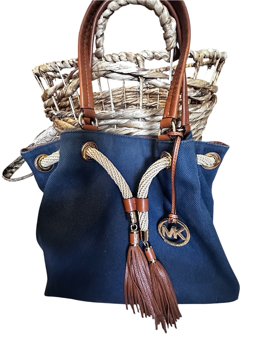 Michael Kors Navy Canvas Drawstring Shoulder Bag with Brown Leather Trim